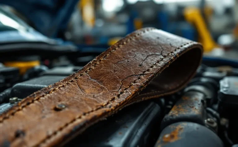 Détail d'une courroie accessoire usée, présentant des signes de fracture et d'usure.