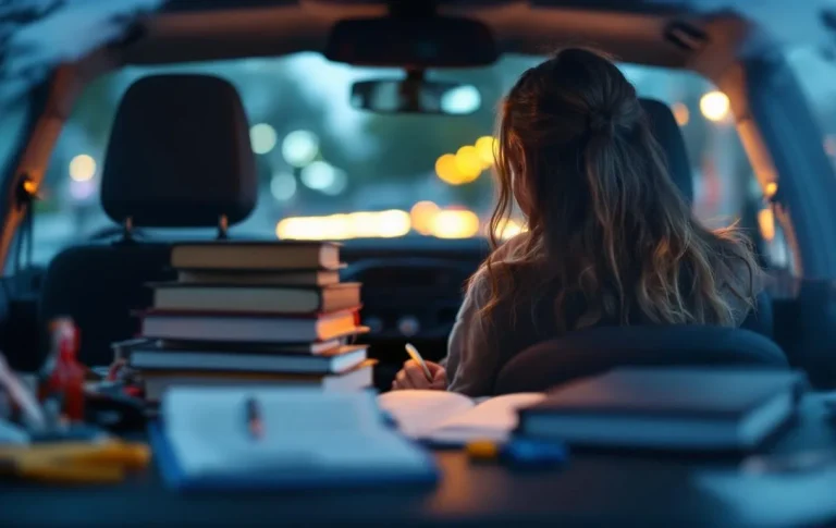 Un étudiant concentré au volant de sa voiture.