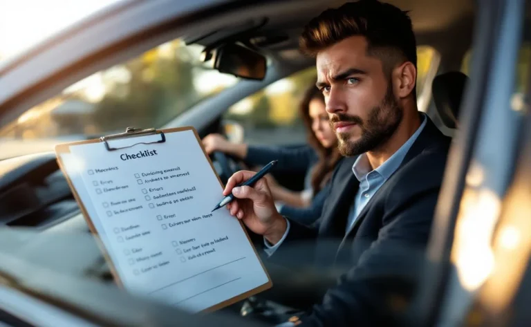 Une personne passe un examen de conduite, assise au volant d'une voiture, avec un examinateur à côté.