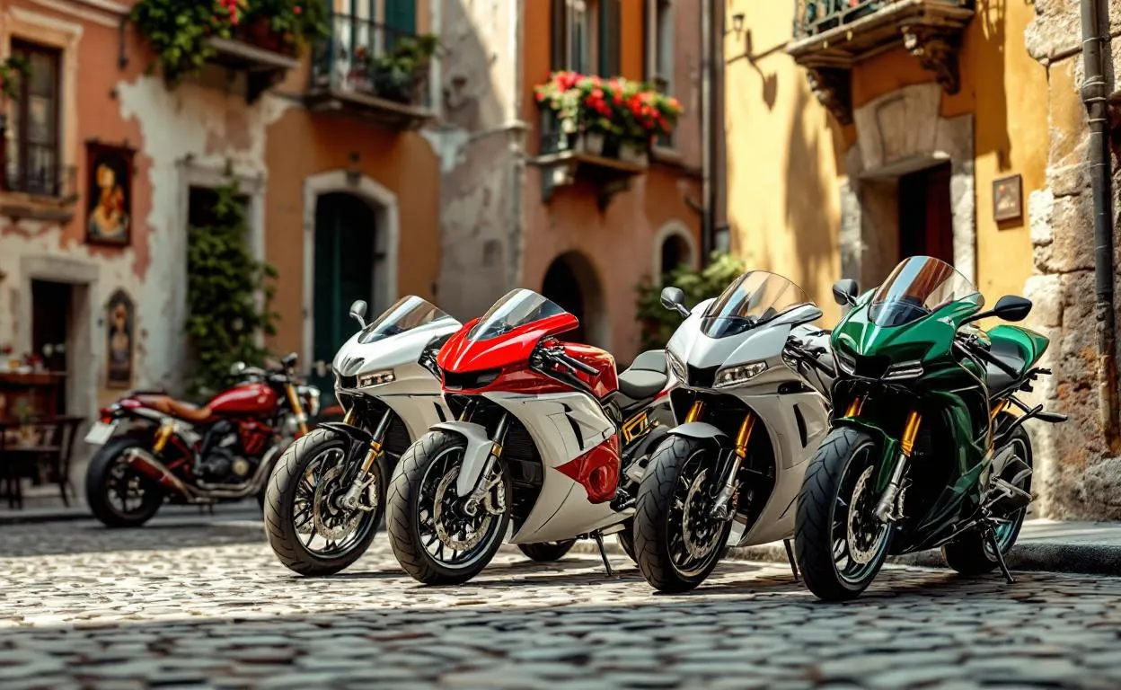 Vélos italiens au design rétro alignés sur un fond pittoresque.