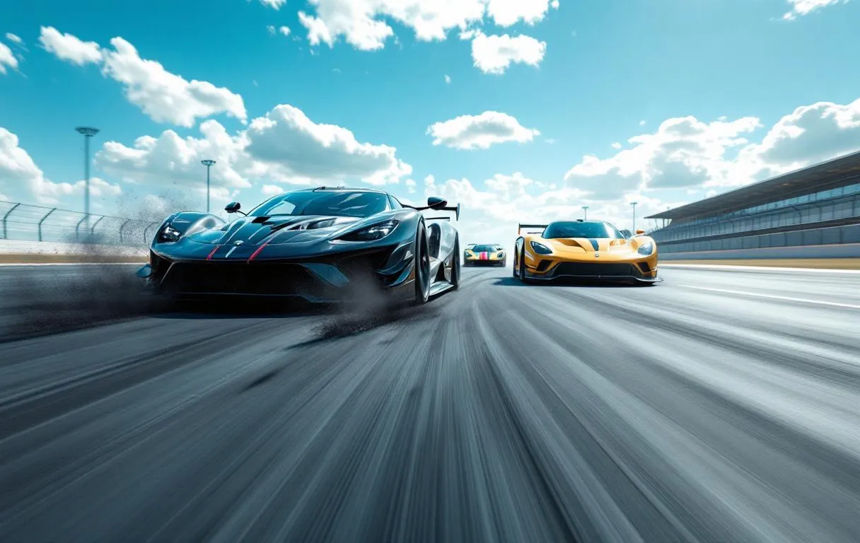 Course automobile sur circuit, sous un ciel azur.