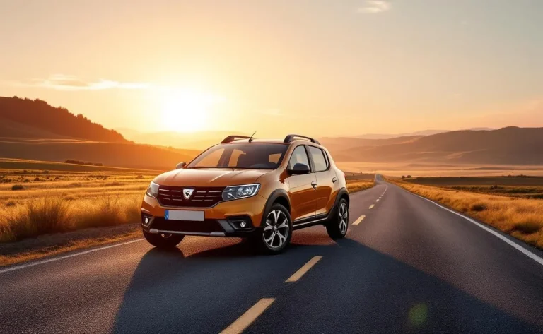 Dacia Sandero garée sous un ciel crépusculaire.