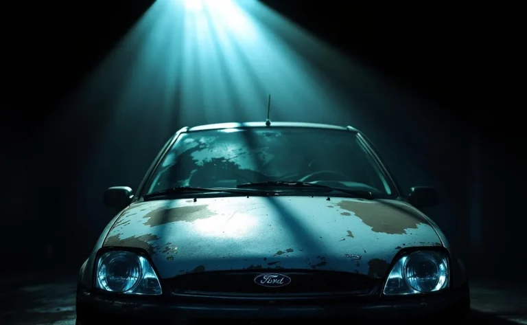 Ford Fiesta éclairée sous des projecteurs, mettant en valeur son design moderne.
