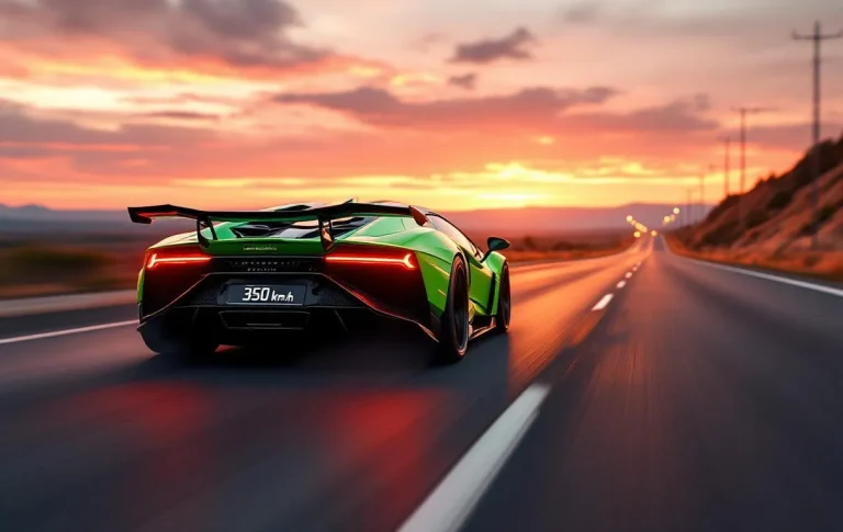 Une Lamborghini Revuelto se silhouette majestueusement au crépuscule, illuminée par les dernières lueurs du jour.