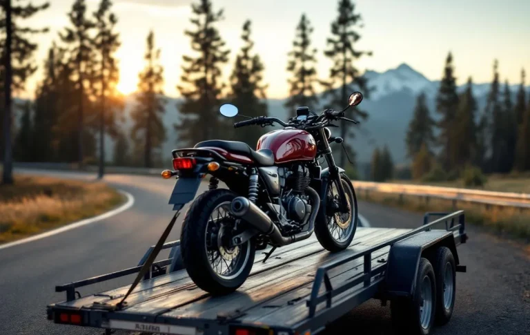 Moto mal arrimée sur une remorque, laissant entrevoir un déséquilibre évident.
