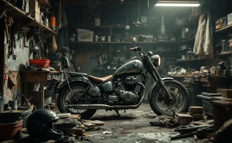 Moto délaissée dans un garage poussiéreux, entourée d'outils et d'objets hétéroclites.