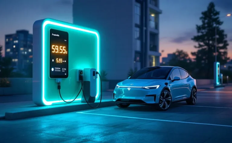 Une station de charge moderne éclairée la nuit avec des prises pour véhicules électriques.