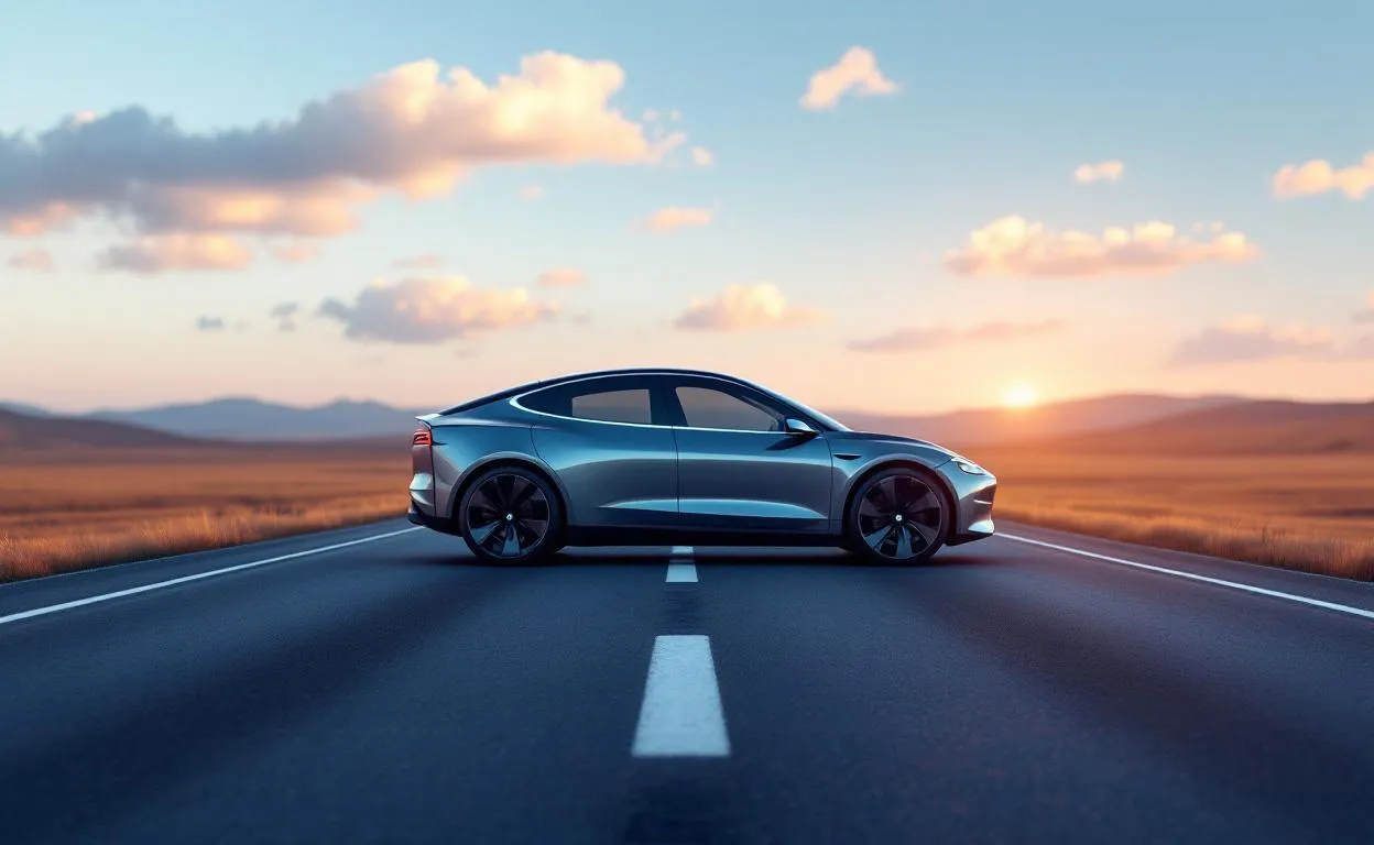 Une voiture électrique roule sur une route dégagée sous un ciel clair.