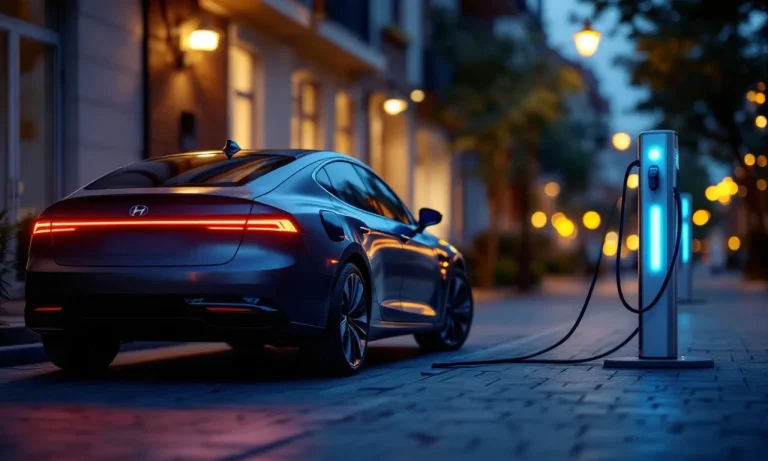 Une voiture hybride se recharge sous un ciel crépusculaire.