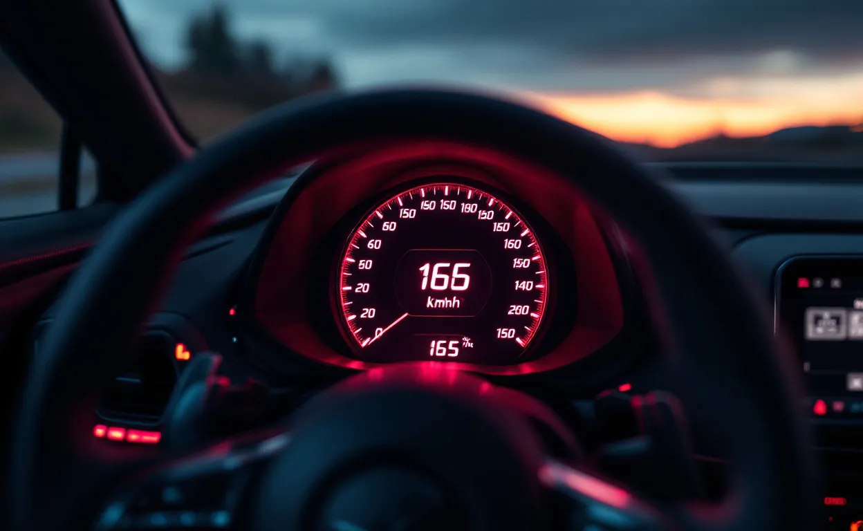 Un compteur de vitesse affiche 165 mph avec son équivalent en km/h dans l’habitacle lumineux d’une voiture de sport au crépuscule.