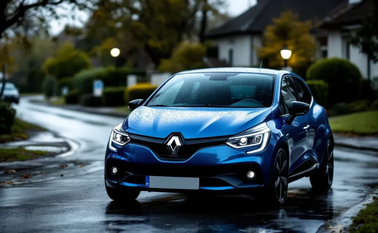 Une Renault Clio 4 bleu métallisé est garée sur une rue résidentielle sous un ciel nuageux, avec quelques gouttes de pluie sur le pare-brise.