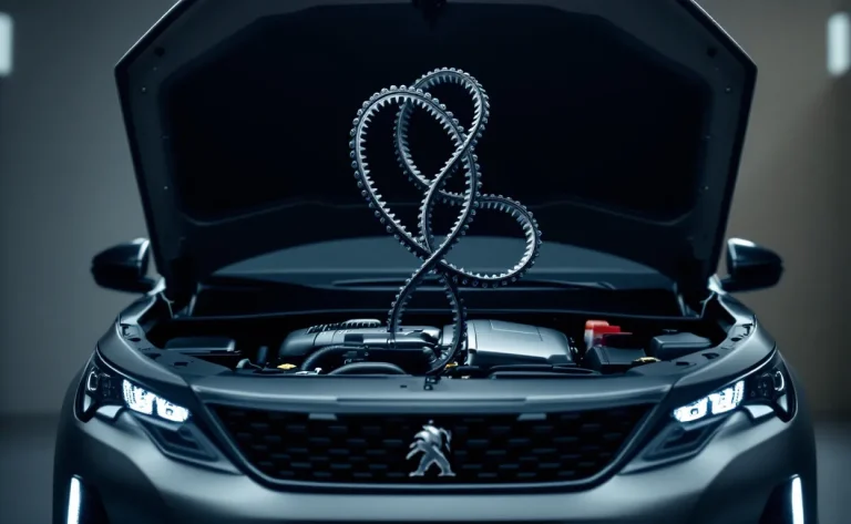 Un Peugeot 3008 capot ouvert dans un showroom, montrant une courroie et une chaîne de distribution entrelacées au-dessus du moteur.