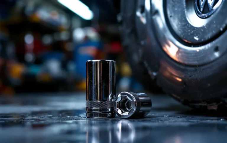 Un outil à douze pans repose à côté d’un moyeu de roue Volkswagen sous un éclairage d’atelier.