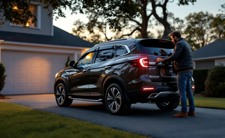 Un SUV Rexton est garé dans une allée et son conducteur examine la lumière de recul à l’arrière du véhicule au crépuscule.