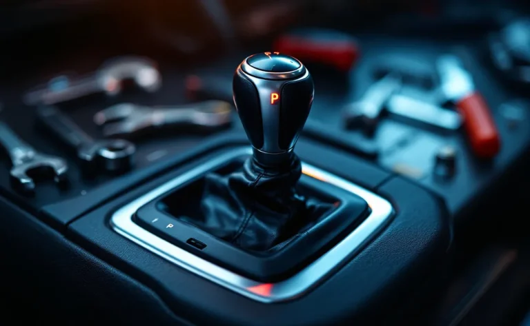 Levier de vitesse automatique de voiture en position parking avec témoin lumineux rouge au tableau de bord et outils flous en arrière-plan.
