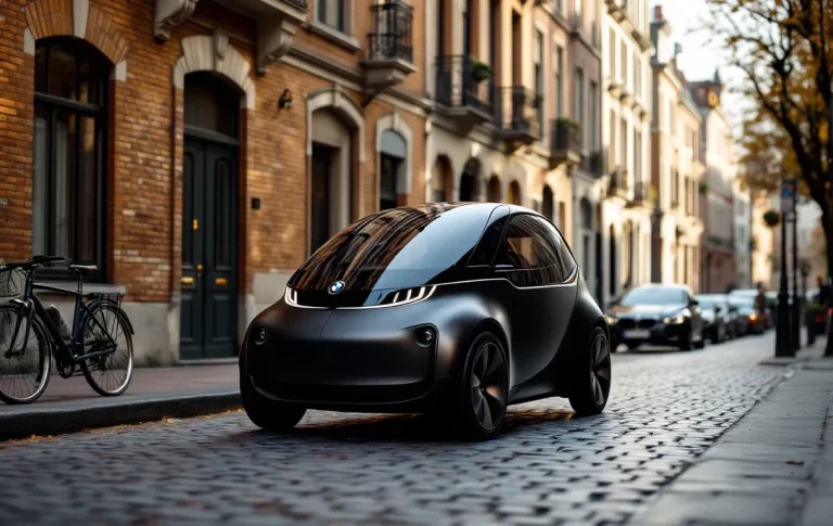 Une microcar BMW élégante et compacte est garée sur une rue européenne au petit matin, entourée de véhicules plus classiques.
