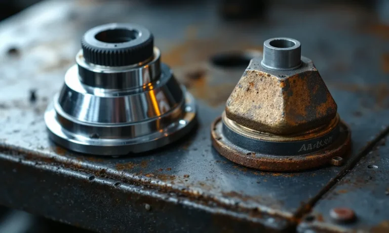 Gros plan sur une pièce auto neuve marquée « Abakus » à côté d’un composant usé sur l’établi d’un mécanicien sous un éclairage froid.