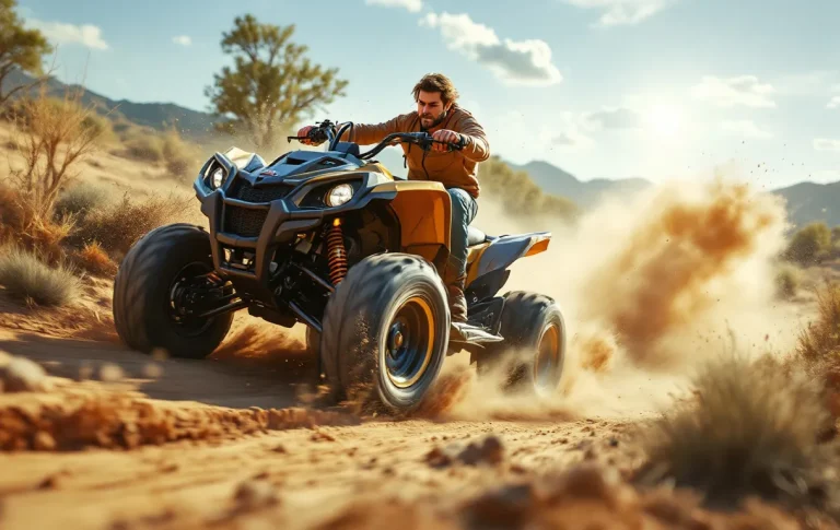 Un quad CF Moto 625 roule vite sur un chemin ensoleillé, soulevant de la poussière derrière ses pneus tandis que le conducteur se penche en avant.
