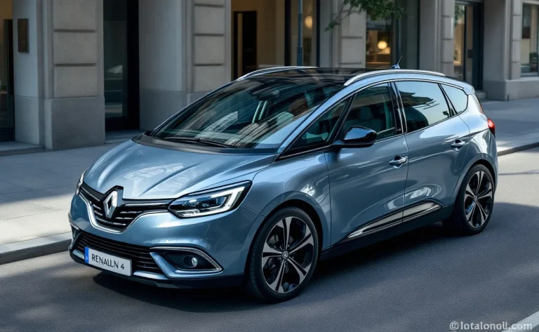 Renault Grand Scénic 4 bleu métallisé garé sur une rue citadine déserte, vu en trois quarts depuis un angle bas avec des reflets doux à la lumière du jour.