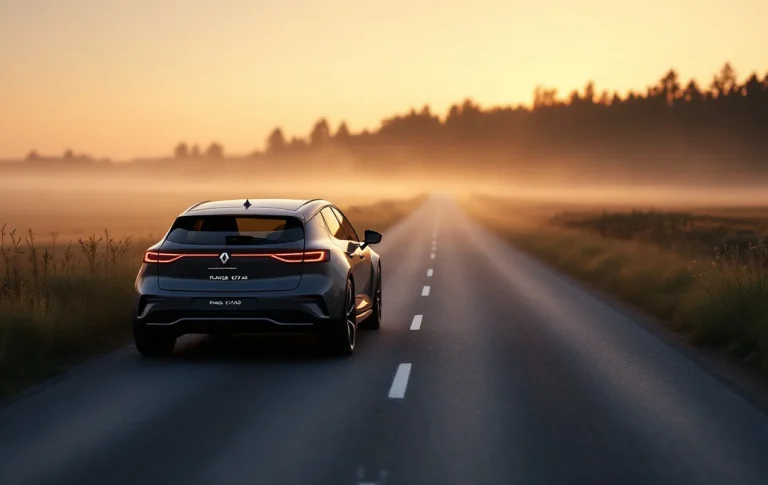 Une Renault Megane EV40 est stationnée sur une route de campagne au lever du soleil, avec de la brume sur les champs et un reflet du tableau de bord numérique dans la vitre.
