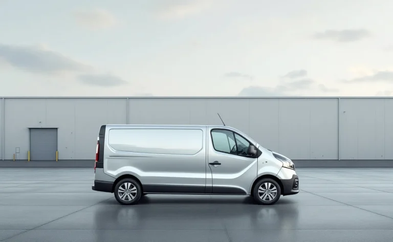 Un fourgon Renault Trafic L1H1 gris métallisé est stationné sur un terrain industriel désert sous un ciel nuageux.