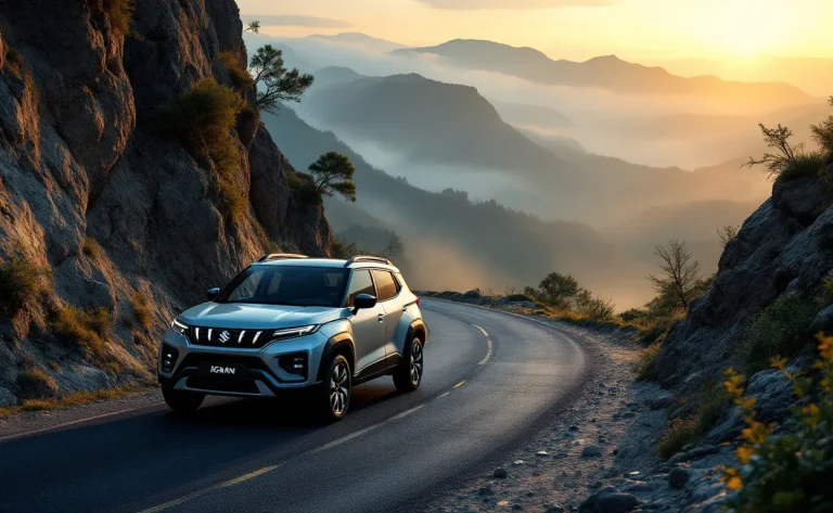 Un Suzuki Ignis 4x4 de 2025 stationné sur une route de montagne sinueuse au lever du soleil, avec une lumière matinale mettant en valeur ses lignes et un fond de collines brumeuses.