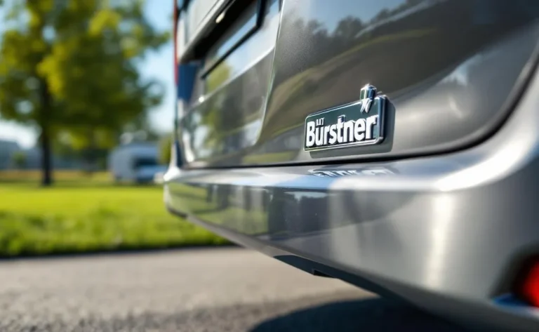 Camping-car Bürstner stationné en extérieur en plein jour, avec un focus sur le pare-chocs arrière brillant reflétant la lumière douce.