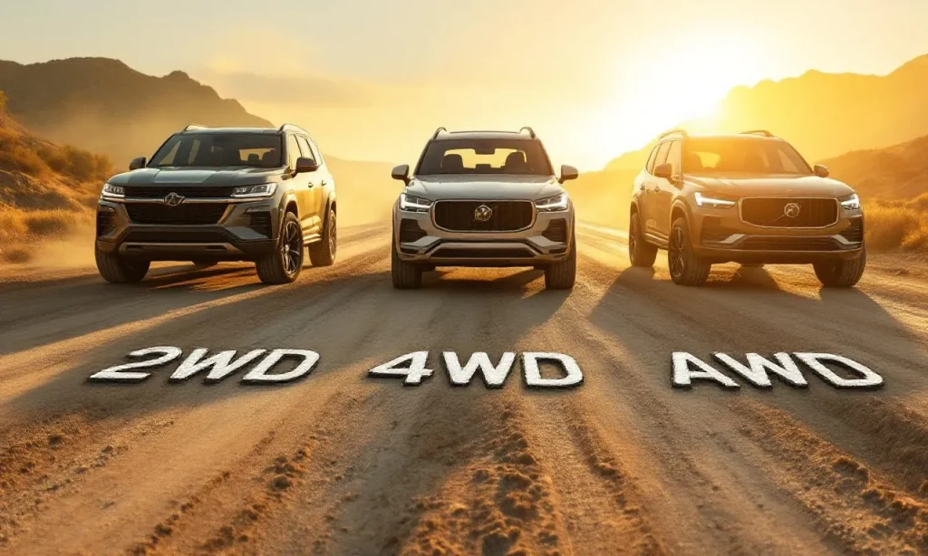 Trois SUV sont garés côte à côte sur un chemin de terre avec les mentions 2WD, 4WD et AWD gravées dans le sol sous chacun, éclairés par la lumière dorée d’un coucher de soleil.