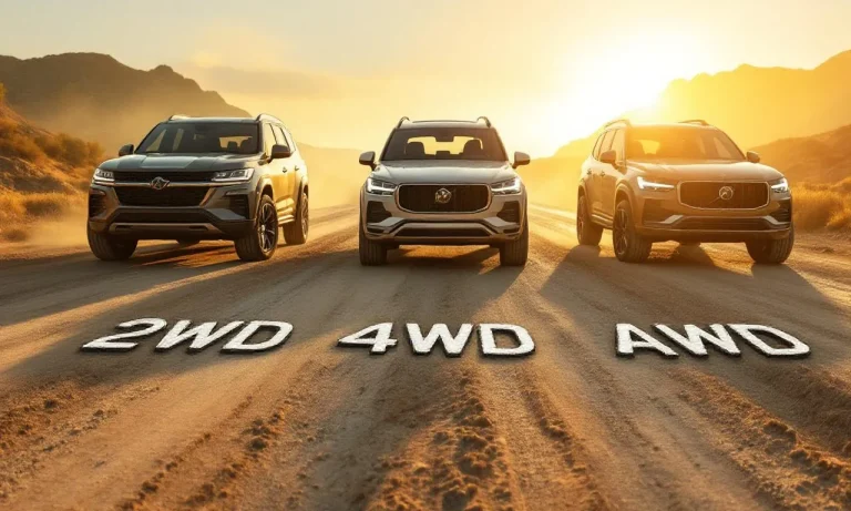 Trois SUV sont garés côte à côte sur un chemin de terre avec les mentions 2WD, 4WD et AWD gravées dans le sol sous chacun, éclairés par la lumière dorée d’un coucher de soleil.