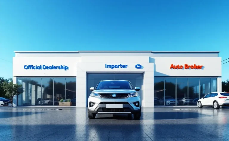 Une Lada Niva neuve est garée devant trois concessions automobiles différentes sous un ciel bleu clair.