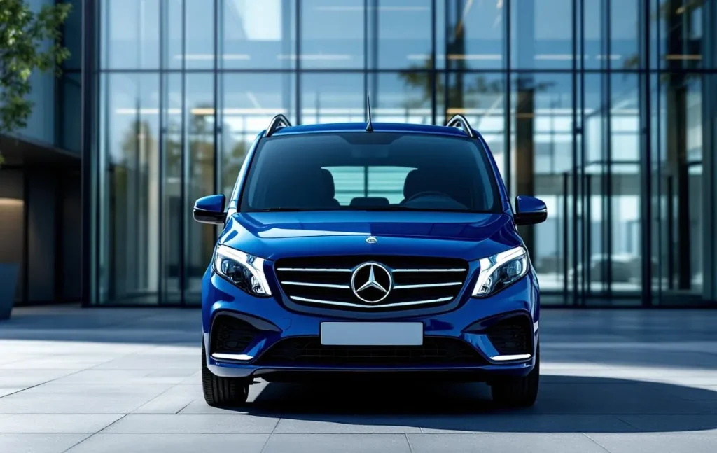Un Mercedes-Benz Citan bleu est garé devant un bâtiment moderne, la calandre ornée de l’étoile Mercedes est bien visible.