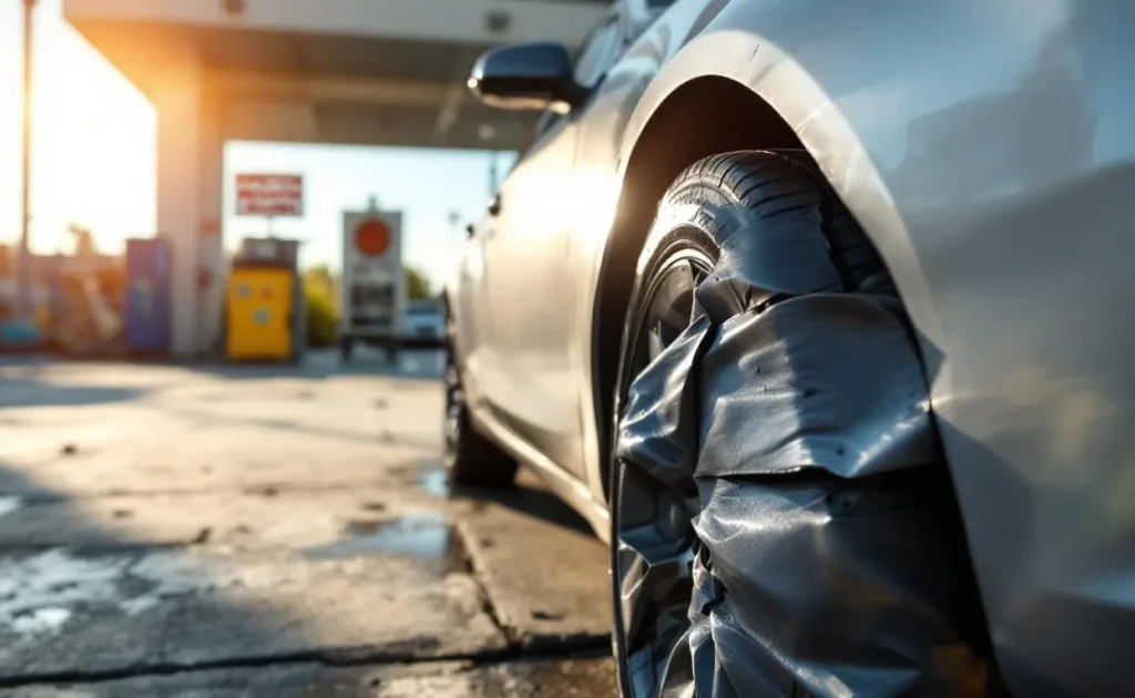 Vue rapprochée d’une voiture stationnée dans un centre de contrôle technique, montrant un bas de caisse enfoncé sous la lumière du soleil.