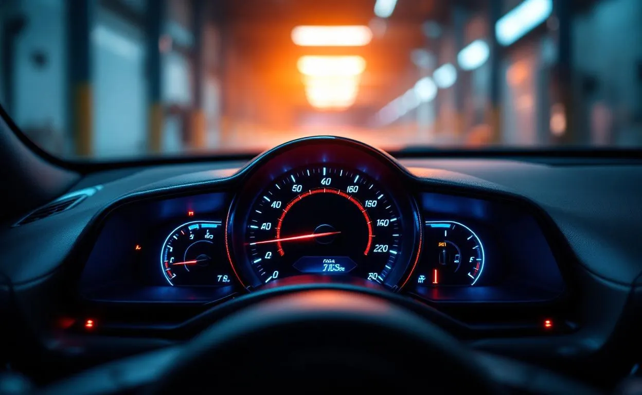 Tableau de bord moderne d’une voiture immobile dans un garage sombre avec compte-tours élevé et lumières bleues et rouges.
