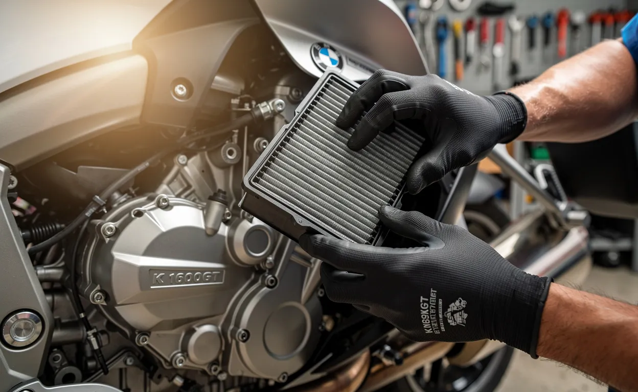 Un mécanicien ganté installe un filtre à air neuf dans le moteur d’une moto BMW K1600GT dans un garage bien rangé et lumineux.
