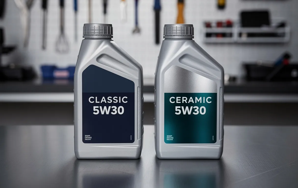 Deux bouteilles d’huile moteur, l’une classique et l’autre céramique, sont posées côte à côte sur un établi de garage sous un éclairage précis.