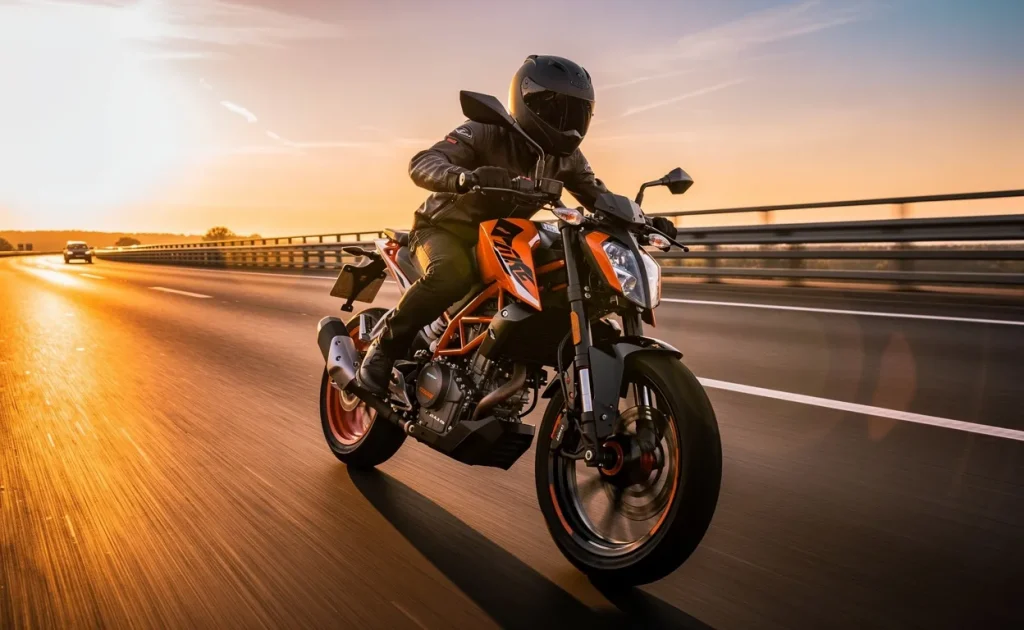 Un motocycliste penché sur une KTM Duke 125 roule rapidement sur une route déserte au coucher du soleil avec un arrière-plan flou par le vent.