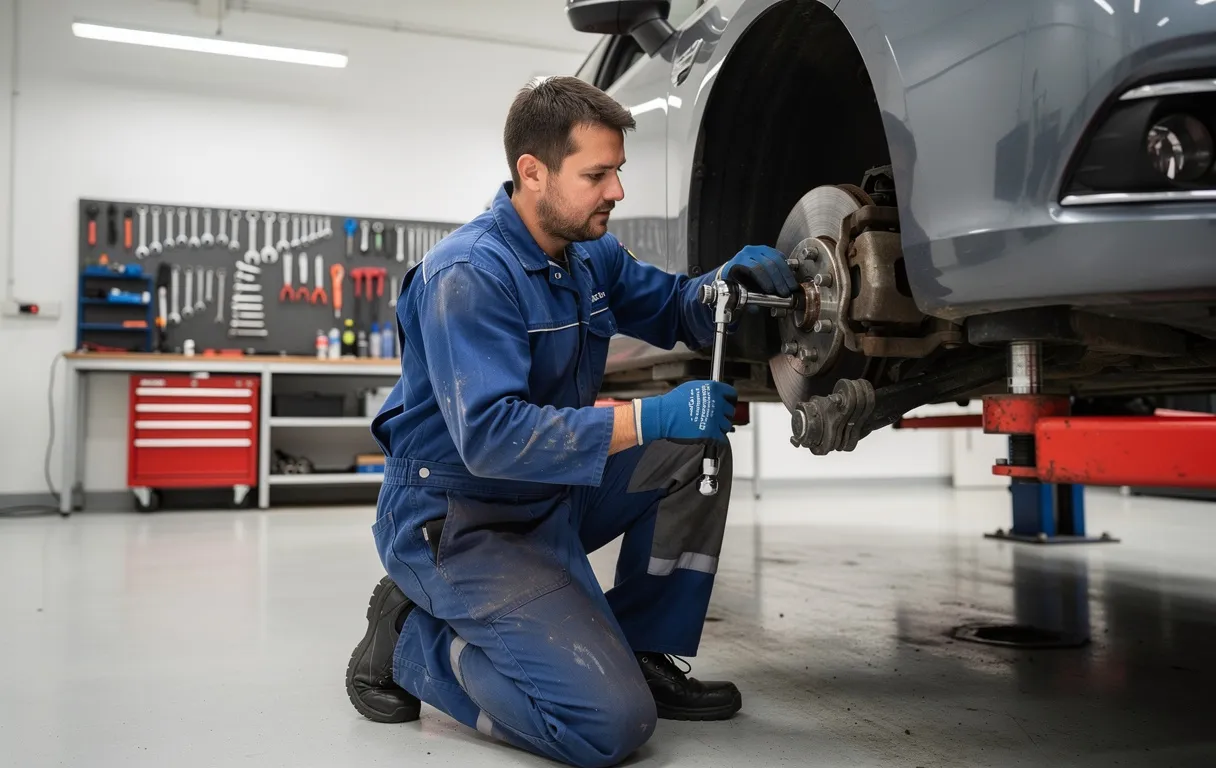 Un mécanicien en bleu remplace une biellette de barre stabilisatrice près d’une voiture surélevée, dans un garage moderne bien éclairé avec des outils alignés sur l’établi.