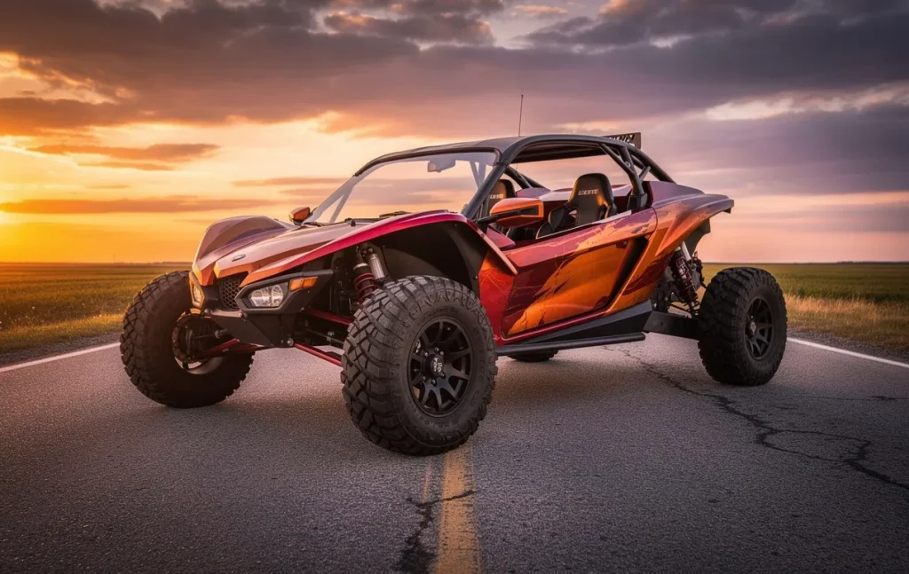 Un buggy de route aux couleurs vives est garé sur une route de campagne au coucher du soleil, sous un ciel nuageux.