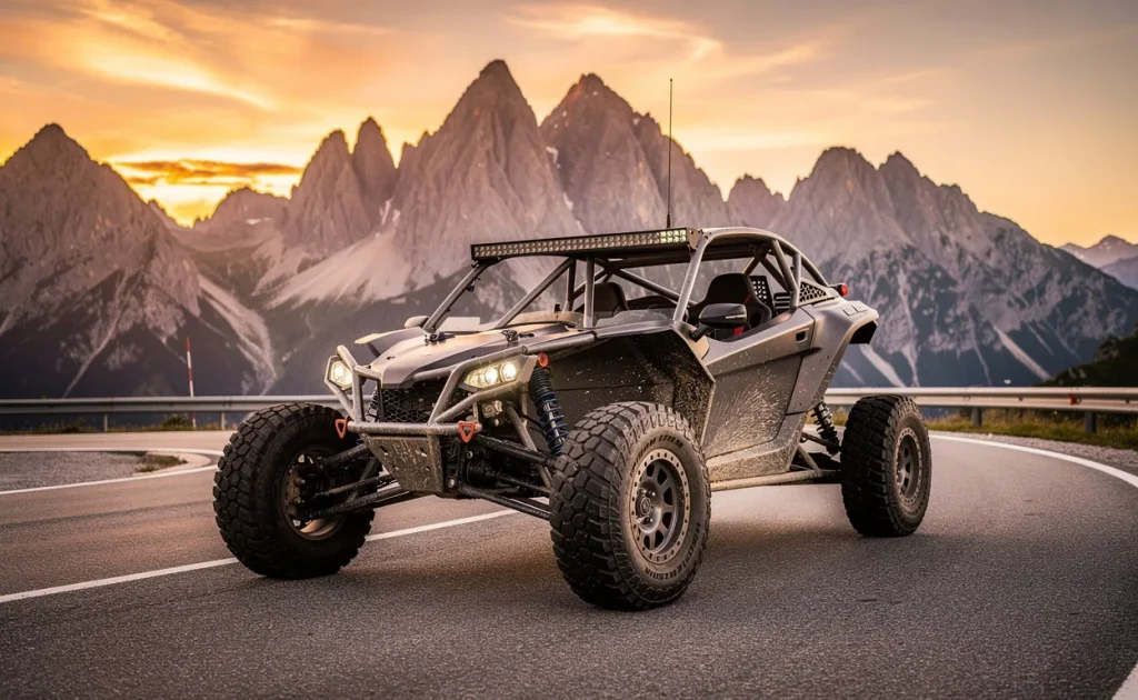 Un buggy puissant et homologué est garé sur une route de montagne au coucher du soleil, avec des pneus surdimensionnés et une ossature robuste éclairés par la lumière dorée devant des sommets impressionnants.