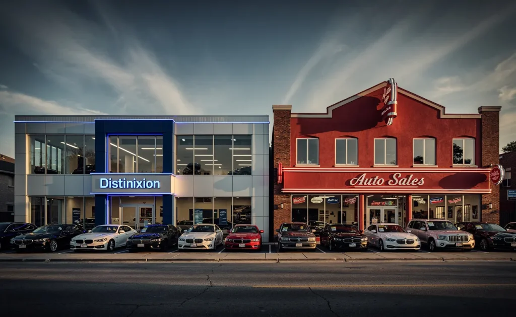 Deux concessions automobiles côte à côte, l’une moderne aux couleurs bleues Distinxion et l’autre plus traditionnelle en rouge, sous un ciel dégagé.