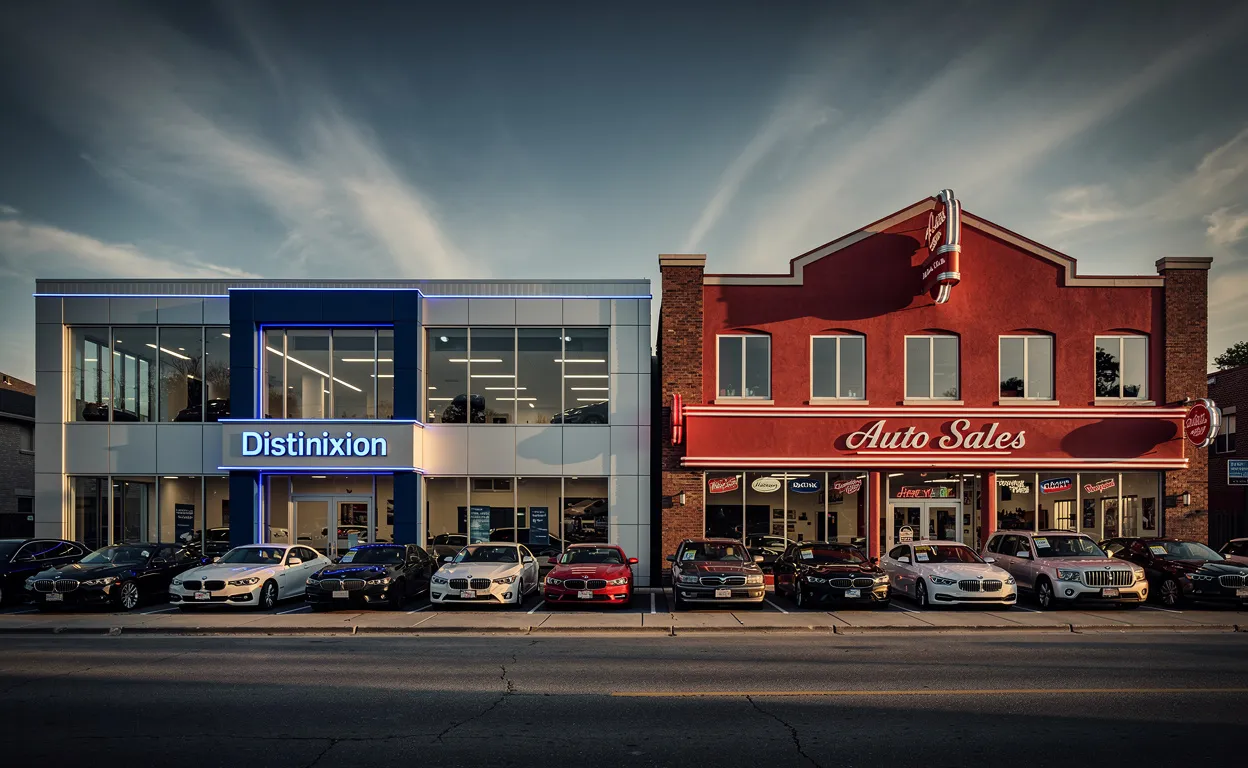 Deux concessions automobiles côte à côte, l’une moderne aux couleurs bleues Distinxion et l’autre plus traditionnelle en rouge, sous un ciel dégagé.