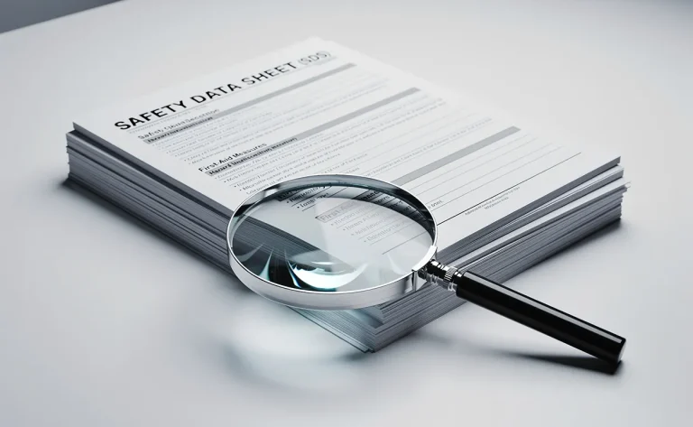 Des fiches de données de sécurité empilées sur un bureau blanc avec une loupe posée devant.