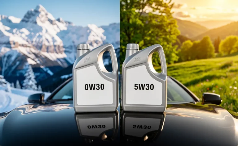 Deux bidons d’huile moteur 0W30 et 5W30 sont posés sur un capot de voiture, devant un paysage mêlant montagne enneigée et vallée verdoyante.