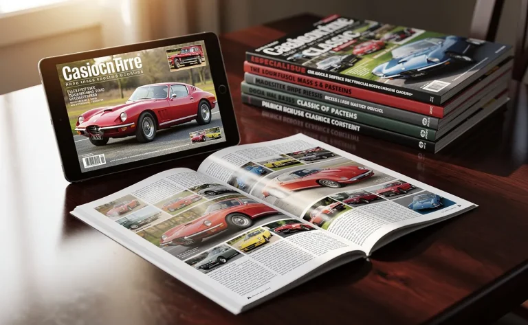 Un magazine de voitures anciennes ouvert repose près d'une tablette affichant la même couverture, avec une pile de numéros spéciaux sur une table en bois sous une lumière douce du matin.