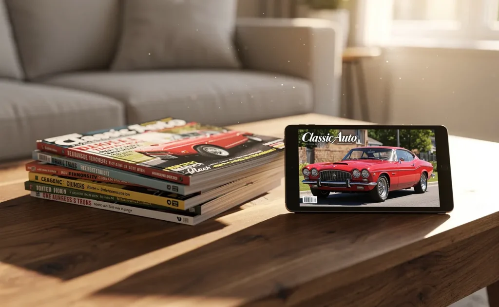 Des magazines de voitures anciennes empilés à côté d’une tablette affichant la couverture d’un automobile vintage, éclairés par la lumière du matin près d’une fenêtre.