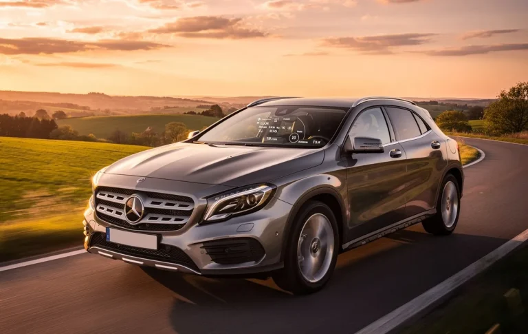 Une Mercedes GLA 200 Diesel roule sur une route de campagne au coucher du soleil, avec le tableau de bord affichant la consommation de carburant et la lumière dorée se reflétant sur la carrosserie.