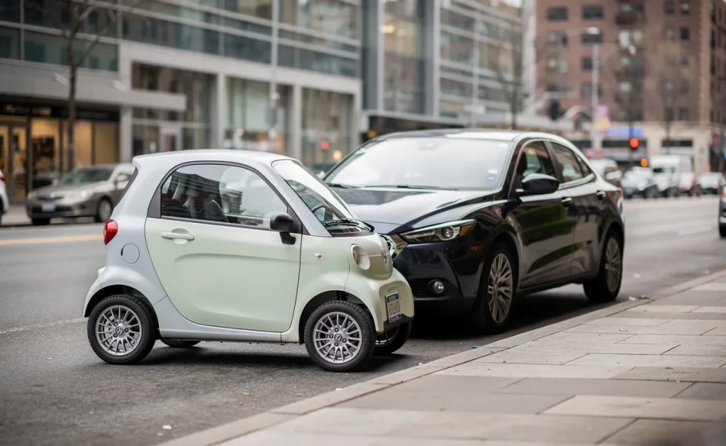 Une microvoiture sans permis stationne à côté d'une voiture de taille normale sur une rue citadine sous un ciel couvert.