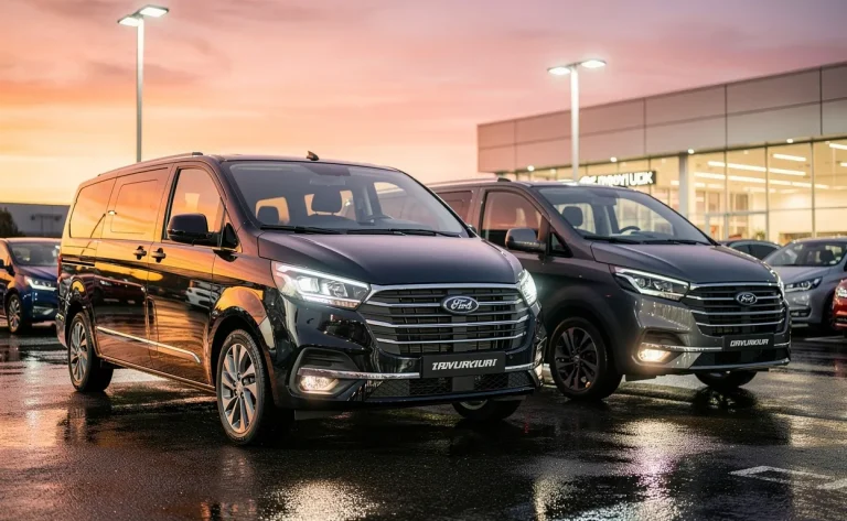 Un minibus neuf et un minibus d’occasion sont stationnés côte à côte sous les lumières d’une concession au coucher du soleil, avec des reflets brillants sur leur carrosserie.