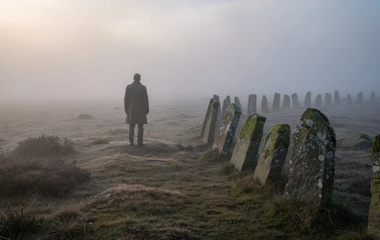 Une personne seule contemple des bornes en pierre moussues sur une lande brumeuse au petit matin.