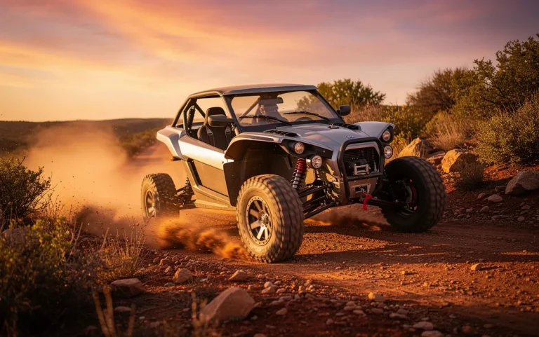 Un buggy électrique abordable roule sur un sentier accidenté au coucher du soleil, soulevant de la poussière dans une lumière dynamique.